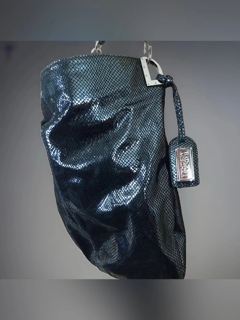 Badgley Mischka Leather Satchel Blue Black Iridescent Bag Snake Skin Style Tote